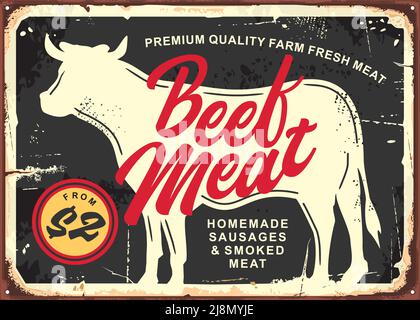 Affiche de boucherie de viande de bœuf vintage avec silhouette de vache et lettrage créatif. Boucherie rétro de produits de viande faits maison ou affiche de ferme de bétail. Illustration de Vecteur