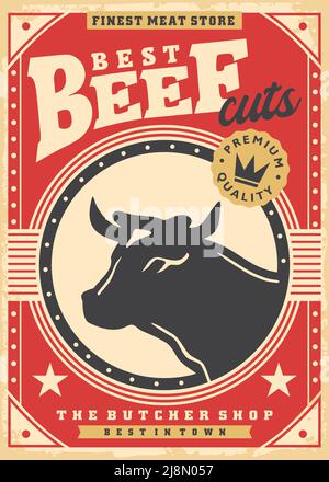 Meilleure coupe de viande de boeuf et de côtelettes promotion poster design avec taureau ou tête de vache silhouette. Publicité dans un magasin de boucherie. Brochure vecteur de l'industrie alimentaire. Illustration de Vecteur