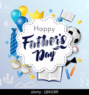 Carte de vœux carrée de la fête des pères, icône ou bannière Internet. Fête des pères congruts avec 3D éléments de passe-temps. Feuille de papier styl. Dessinée à la main réaliste Illustration de Vecteur