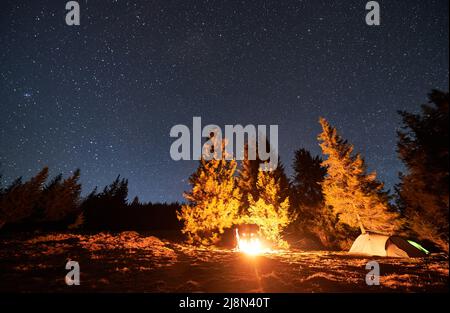 Silhouettes groupe de voyageurs passant du temps ensemble par feu de camp en soirée sous ciel étoilé près de tentes lumineuses lumineuses. Camping de bons amis dans les montagnes la nuit. Banque D'Images