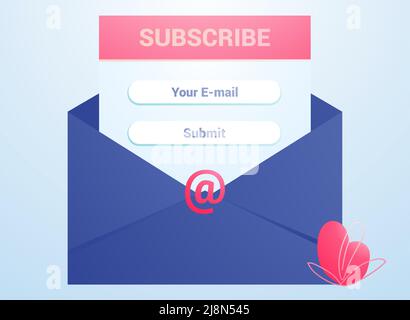 Newsletter abonnement nouvelles offres, promotions Vector illustration bannière de l'email marketing Suivez-moi s'abonner Envoyer Envoyer par mail Ouvrir Blue envelo Illustration de Vecteur