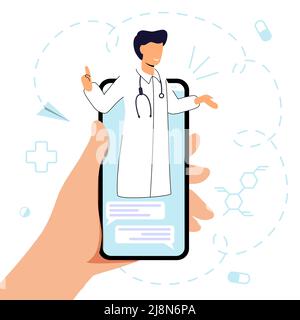 Consultation de médecine en ligne concept vecteur illustration smartphone écran avec thérapeute mâle sur chat dans Messenger demander à médecin en ligne conseil médical o Illustration de Vecteur