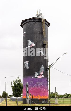 La tour d'eau peinte de Coonamble avec des œuvres d'art de John Murray Banque D'Images