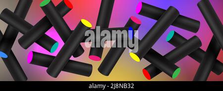 Bâtons noirs flottants avec des taches lumineuses colorées, arrière-plan abstrait artistique vectoriel horizontal. Illustration de Vecteur