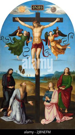 Raphaël. Le Christ crucifié avec la Vierge Marie, Saints et Anges (la Crucifixion du Mond) par Raffaello Sanzio da Urbino (1483–1520), huile sur peuplier, c. 1502-03 Banque D'Images