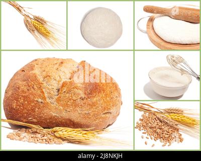 Collage avec pain, épis de blé, grains de blé, pâte de levure fraîche sur planche à découper avec goupille élastique. Banque D'Images