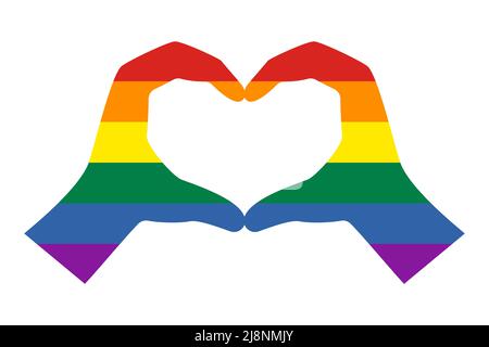 Geste des mains plié comme coeur avec fierté Rainbow Flag à l'intérieur. Icône isolée sur fond blanc. Symbole de la communauté LGBT. Illustration vectorielle Illustration de Vecteur