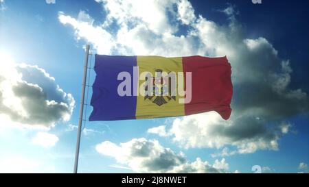 Drapeau de la Moldavie agitant au vent contre un beau ciel bleu. 3d rendu Banque D'Images