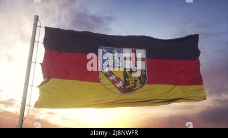 Drapeau de la Sarre, Allemagne, agitant dans le vent, le ciel et le soleil fond. 3d rendu Banque D'Images