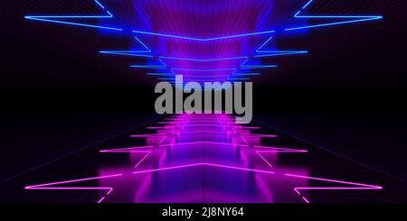 Lumières roses et bleues violettes sur fond noir vide réfléchissant de la pièce. Neon Arches en forme de lueur.Club de danse futuriste Cyber. 3d illustrationdu rendu Banque D'Images