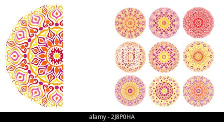 Motif vectoriel Mandala. Art floral abstrait dans les tons de rouge, violet jaune Illustration de Vecteur