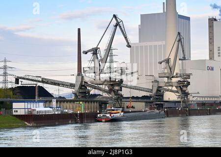 Mannheim, Allemagne - avril 2022 : grue déchargeant du charbon d'une barge industrielle dans une centrale électrique sur le Rhin. L'usine est exploitée par CKM. Banque D'Images