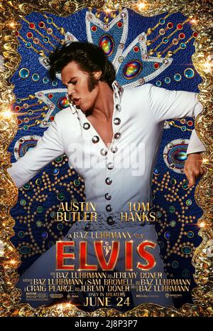 DATE DE SORTIE : le 24 juin 2022. TITRE : Elvis. STUDIO: Roadshow Entertainment. DIRECTEUR: Baz Luhrmann. TERRAIN : un regard sur la vie de la légendaire star du rock and roll, Elvis Presley. AVEC : AUSTIN BUTLER, affiche Elvis (image de crédit : © Roadshow Entertainment/Entertainment Pictures) Banque D'Images