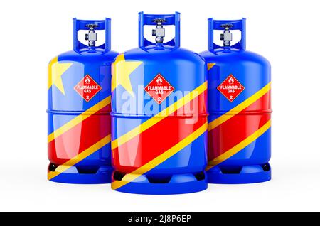 Drapeau de la République démocratique congolaise peint sur les bouteilles de propane avec du gaz comprimé, 3D rendu isolé sur fond blanc Banque D'Images