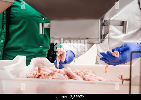 Procédé de fabrication.tapis roulant alimentaire.chaîne de production automatisée dans une usine alimentaire moderne.conteneurs sur une ligne de convoyeur avec pilon de poulet cru Banque D'Images