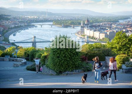 Personnes marchant dans le parc de colline de Gellert contre la vue panoramique de la ville Banque D'Images