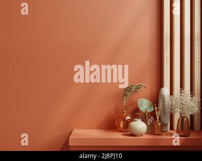 Maquette d'étagère dans une pièce vide moderne, mur orange foncé.3D rendu Banque D'Images