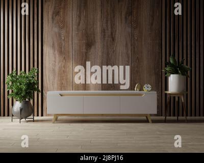 Armoire pour TV LED dans un salon moderne sur fond de mur en bois.3D rendu Banque D'Images