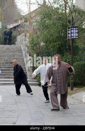 Des hommes chinois pratiquant le Tai Chi dans un parc à Nanjing, en Chine. Banque D'Images