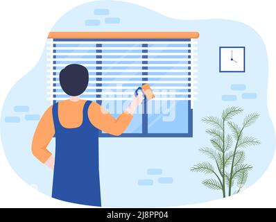 Entretien des mini-stores traitement des fenêtres et des rideaux à l'aide de divers outils de nettoyage ou intérieurs de maison dans l'illustration du dessin animé à plat Illustration de Vecteur