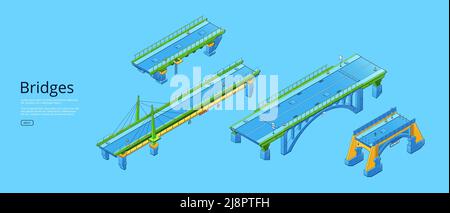 Ponts affiche avec architecture isométrique sur piliers sur rivière, canal ou baie. Bannière horizontale vectorielle avec route de voiture sur viaduc, pont suspendu et pont autoroutier Illustration de Vecteur