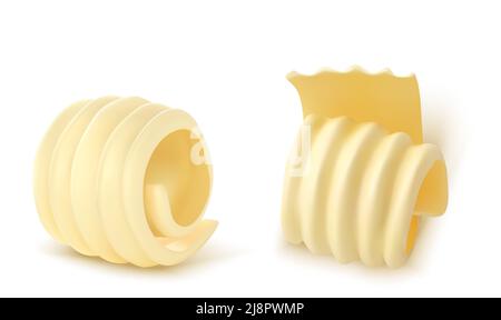 Butter Curl 3D illustration vectorielle réaliste. Tourbillons de margarine ou de tartinade végétalienne, roulé de produits laitiers crémeux, placer l'icône isolée sur fond blanc Illustration de Vecteur