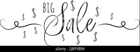 Grande vente, vecteur. Design de l'élément verbal isolé sur fond blanc. Bannière typographique. Symbole dollar, symbole argent. Illustration de Vecteur