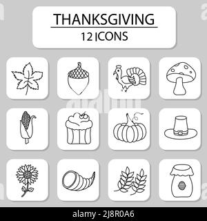 12 icône de Thanksgiving en style linéaire noir. Illustration de Vecteur