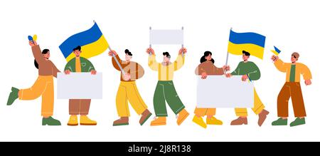 Manifestation de protestation contre la guerre avec des personnes portant des drapeaux ukrainiens et des banderoles blanches. Illustration vectorielle plate d'un groupe d'hommes et de femmes sur le demonst Illustration de Vecteur