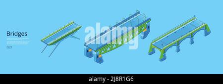 Affiche avec ponts isométriques avec route routière au-dessus de la rivière, de la baie ou du canal. Bannière horizontale vectorielle avec illustration du viaduc, de la passerelle et de la route Illustration de Vecteur