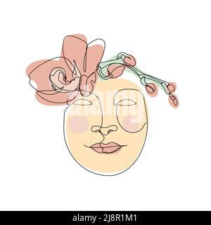 Une seule ligne dessin visage de fille avec fleur d'orchidée Illustration de Vecteur