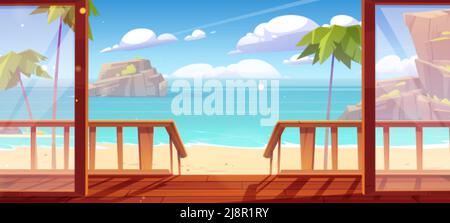 Bungalow porche en bois et vue sur la plage de sable avec palmiers et montagnes dans l'eau. Illustration de dessin animé vectoriel de l'été tropical océan landscap Illustration de Vecteur