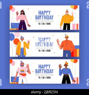 Des cartes d'anniversaire avec des personnes diverses célèbrent ensemble. Affiches de message d'accueil vectorielles avec illustration plate de ballons, boîtes-cadeaux, femme âgée, af Illustration de Vecteur