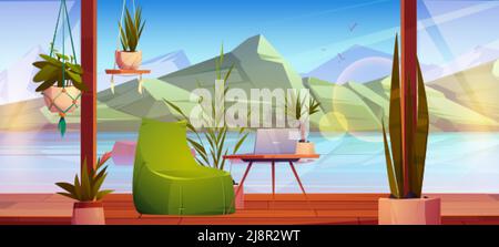 Terrasse en bois avec meubles et fleurs sur le bord du lac. Illustration vectorielle de paysage nordique avec rivière, montagnes et véranda de chalet avec Illustration de Vecteur