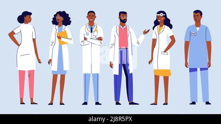 Médecins médecins noirs jeune homme et femme debout ensemble et parlant. Consultation et diagnostic Illustration de Vecteur