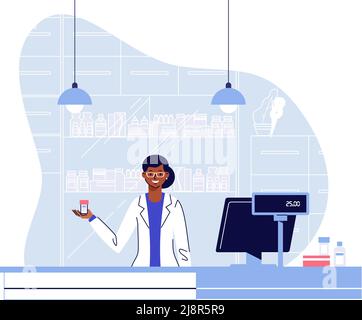 Concept de pharmacie avec une femme noire en pharmacie. Illustration de Vecteur