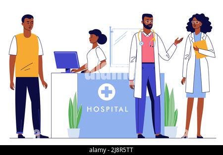 Concept de médecine avec médecins noirs et patient sur fond de salle d'hôpital Illustration de Vecteur