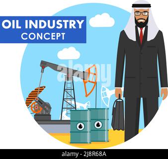 Illustration détaillée d'un homme d'affaires arabe musulman, d'une pompe à huile et de barils de carburant de style plat sur fond bleu. Illustration de Vecteur