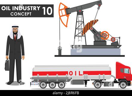 Illustration détaillée d'un camion à essence, d'une pompe à huile et d'un homme arabe de style plat sur fond blanc. Illustration de Vecteur