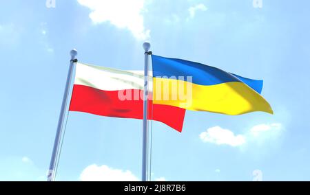 Ukraine et Pologne, deux drapeaux agitant contre le ciel bleu. 3d image Banque D'Images