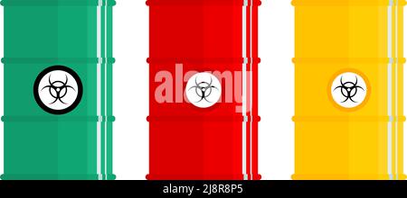 Différents fûts métalliques pour substances radioactives, toxiques, dangereuses, dangereuses, inflammables et toxiques. Illustration vectorielle Illustration de Vecteur