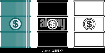 Différents fûts métalliques pour substances liquides, liquides, huiles, combustibles. Baril de pétrole avec signe dollar. Baril de pétrole avec symbole dollar. Illustrateur de vecteur Illustration de Vecteur