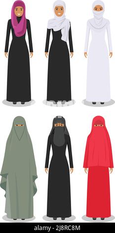 Illustration détaillée de différentes femmes arabes debout dans les vêtements traditionnels arabes musulmans nationaux isolés sur fond blanc dans un style plat. Illustration de Vecteur