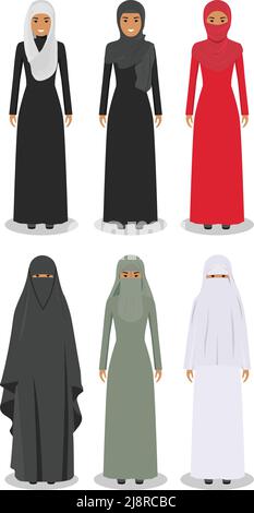 Illustration détaillée de différentes femmes arabes debout dans les vêtements traditionnels arabes musulmans nationaux isolés sur fond blanc dans un style plat. Illustration de Vecteur