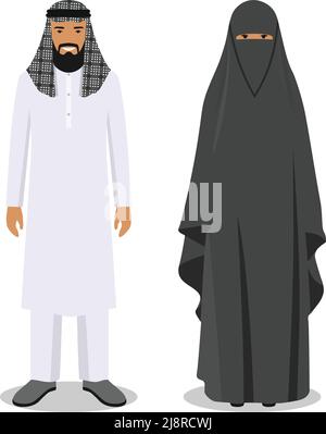 Les hommes et les femmes du peuple arabe se tenant ensemble dans des vêtements traditionnels islamiques de style plat sur fond blanc. Concept social. Concept de famille. Illustration de Vecteur