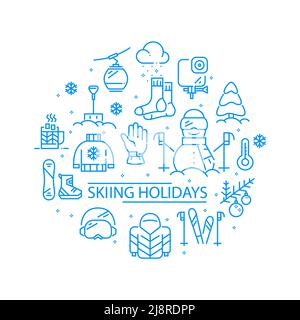 Ski vacances mignon hiver montagne sports icônes collage Illustration de Vecteur
