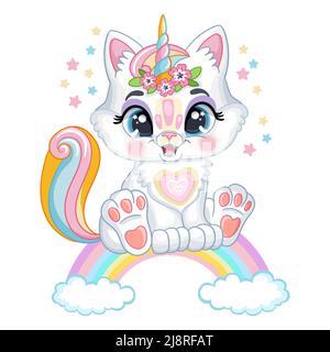 Chat kawaii mignon assis sur un arc-en-ciel. Personnage de dessin animé. Illustration vectorielle isolée. Design pour enfants. Pour l'impression et le design, les affiches, les cartes, les autocollants Illustration de Vecteur