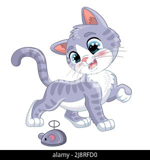 Joli chaton gris avec un jouet de souris. Personnage de dessin animé. Illustration vectorielle isolée. Design pour enfants. Pour l'impression et le design, les affiches, les cartes, les autocollants, d Illustration de Vecteur