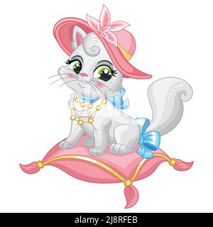 Mignon chaton blanc dans un chapeau assis sur un oreiller. Personnage de dessin animé. Illustration vectorielle isolée. Art enfants pour l'impression, le design, les affiches, les cartes, la cist Illustration de Vecteur