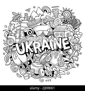 Ukraine dessin main dessin dessin dessin animé Doodle illustration. Drôle de design ukrainien. Arrière-plan vectoriel créatif. Texte manuscrit avec éléments de pays européens a Illustration de Vecteur